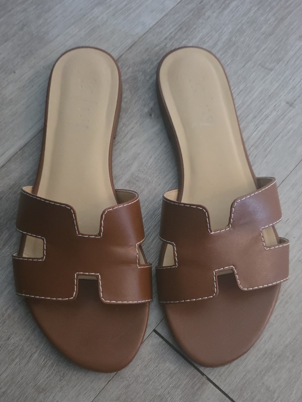 French Sole Tan Brown Leather Slide Mules